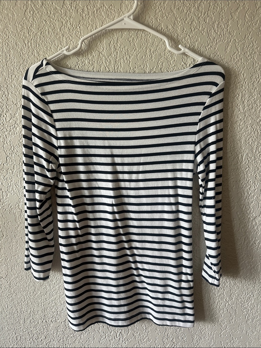 Amazon Essentials White and Navy Striped Long-Sleeve Boatneck Top